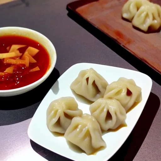 Image similar to delicious dumplings with chili sauce made by ghibli studios