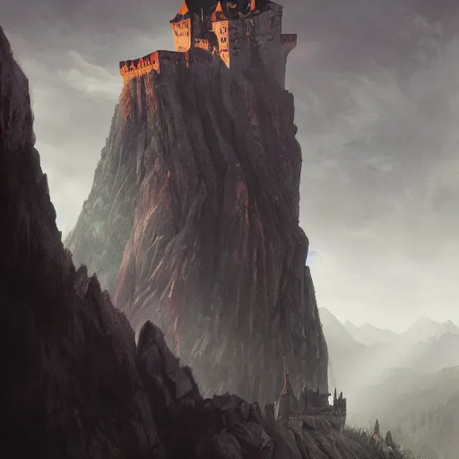 Prompt: dracula castle, top of a mountain ravine, painting, by greg rutkowski and igor kieryluk, photo realistic, dynamic lighting, artstation, poster, volumetric lighting, very detailed face, 8 k, award winning