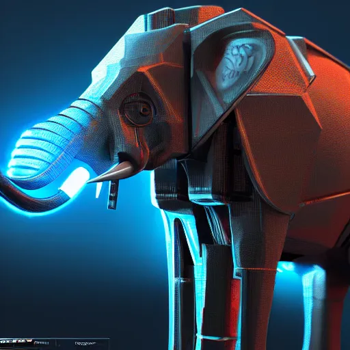 Image similar to hyper realistic cybertronic elephant. high details of body and face. complex realistic mechanical body. blue led. cyberpunk style, intricate, trending on art station, 8 k render.