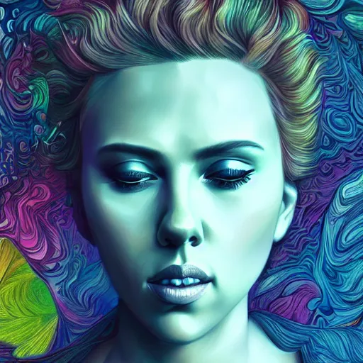 Prompt: An extremely psychedelic portrait of Scarlett Johansson, surreal, LSD, face, detailed, intricate, elegant, lithe, highly detailed, digital painting, artstation, concept art, smooth, sharp focus, illustration
