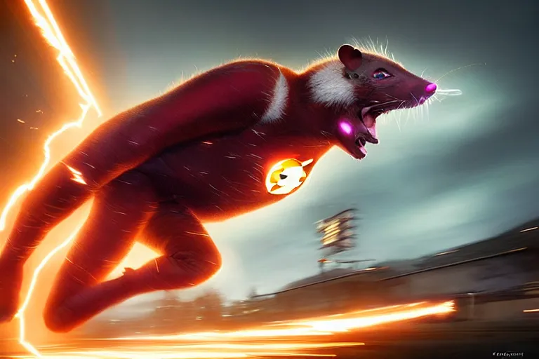 Image similar to a stunning digital painting of a opossum as the flash in spandex costume, running in the speedforce by greg rutkowski, volumetric light, digital art, fine detail, photorealistic