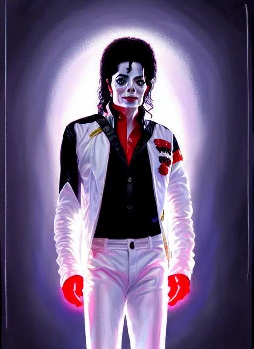 Image similar to symmetry!! portrait of michael jackson in scream music video, cottagecore!! full body, glowing lights!! intricate, elegant, highly detailed, digital painting, artstation, concept art, smooth, sharp focus, illustration, art by artgerm and greg rutkowski and alphonse mucha