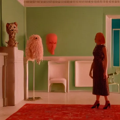 Image similar to film still from surreal arthouse film, avant garde, wes anderson color palette, unusual lighting choices, award winning set design