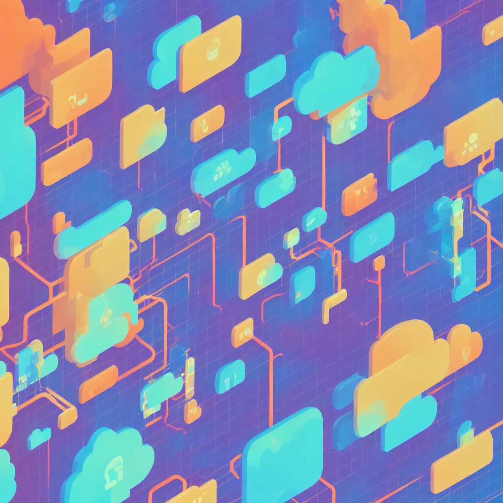 Image similar to a simple micro-service deployed to a datacenter, cloud, security, attack vector, trending on Artstation, painting by Jules Julien, Leslie David and Lisa Frank, muted colors with minimalism