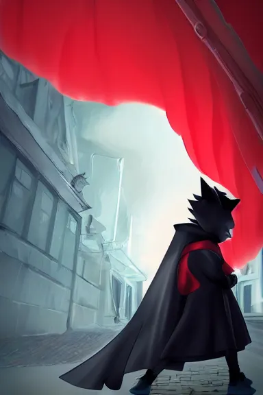 Prompt: little boy with cat ears in an black outfit with red cape. digital artwork made by lois van baarle and kentaro miura and marc simonetti, sharpness focus, inspired by hirohiko araki, anatomically correct, heroic composition, hero pose, smooth