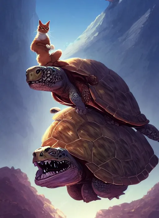 Image similar to character portrait of The tallest mountain topped by a cat riding a gigantic turtle, with another cat riding a large turtle atop the mountain. By Greg Rutkowski. cute beautiful attractive detailed. Character design by charlie bowater, ross tran, artgerm, and makoto shinkai, detailed, inked, western comic book art