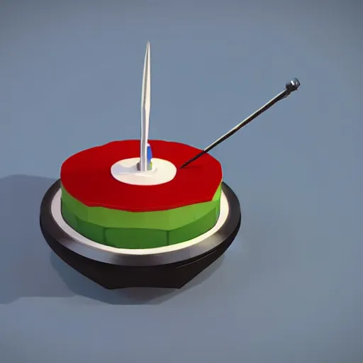 Image similar to a funny turntable with a needle on top of kiwi slice, a low poly render by tim biskup, featured on polycount, computer art, sketchfab, rendered in maya, voxel art