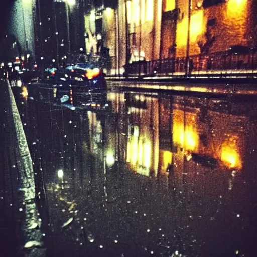 Image similar to zoomed in iphone photo rainy night in the city, reflections, astronaut