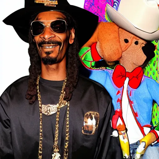 Image similar to snoop dog as a cowboy on horseback next to a clown