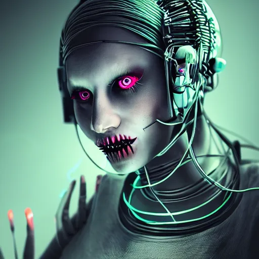 Image similar to a terrifying but beautiful woman with, wires for hair, glowing eyes, razor sharp teeth, computers, horror, studio lighting, 8 5 mm f 1. 8, cyberpunk, art by, masterpiece, trending, highly detailed, realistic