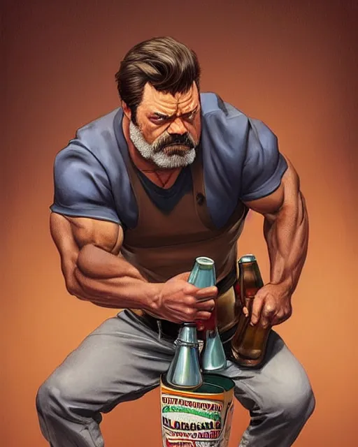 Image similar to gigachad ron swanson bodybuilder holding a keg of beer in final fight office by ilya kuvshinov, ernest khalimov body by krista sudmalis, fantasy character portrait, ultra realistic, concept art, intricate details, elegent, digital painting, smooth, sharp focus, illustration, art by artgerm and greg rutkowski and alphonse mucha, artstation