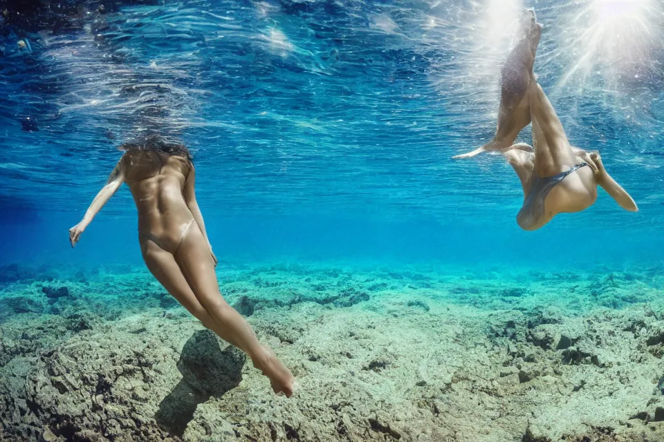 Image similar to wide angle view, underwater looking up, woman model swimming in large tall rock trench , toward the sun rays and caustics, film , cinematic, underwater photography