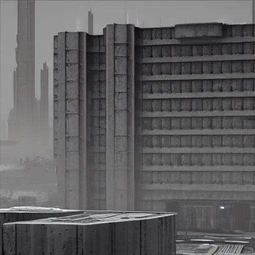 Image similar to scifi brutalist industrial complex, photorealistic