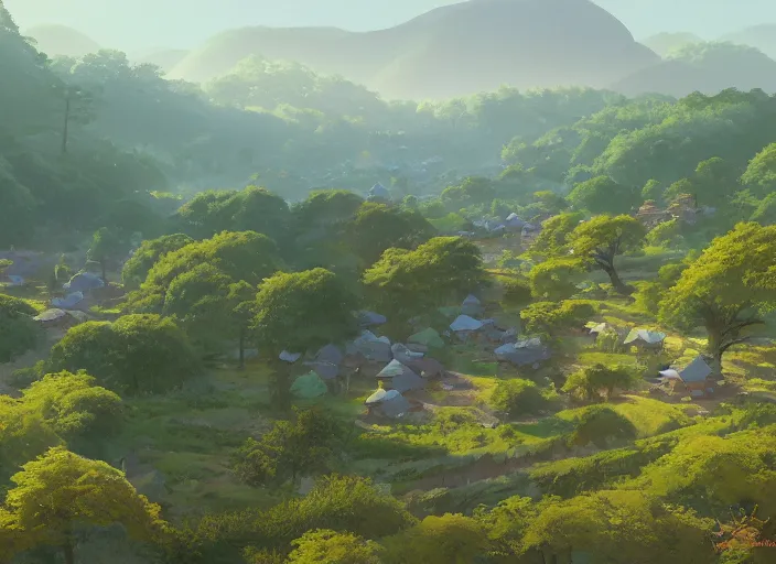 Prompt: concept art painting of a distant small woodland village in a valley seen from above, european japanese buildings, early morning, cel shaded, detailed, realistic, by makoto shinkai and moebius and greg rutkowski and james gurney