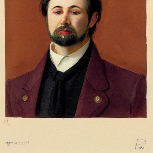 Prompt: Portrait of a handsome man with thick mutton chops. shaved chin, wearing a suit. colorful necktie, pale white face, long messy hair, long hair, ((red)) baggy eyes, tired eyes, tired face, disco smile, watercolor, brushstrokes, high detail, artstation, medium detail, by Ilya Repin and Dave McKean and Greg Rutkowski
