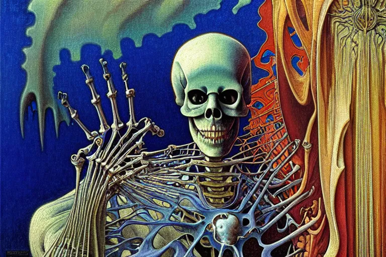 Image similar to realistic detailed closeup portrait painting of a single skeleton wearing a cape in a crowded futuristic moscow street by Jean Delville, Amano, Yves Tanguy, Alphonse Mucha, Ernst Haeckel, Edward Robert Hughes, Roger Dean, rich moody colours, blue eyes