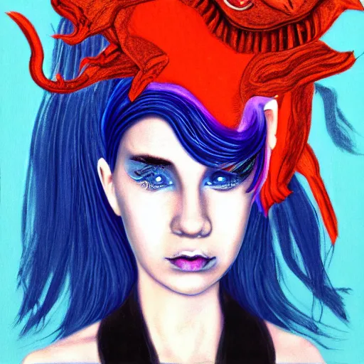 Image similar to portrait of young girl half dragon half human, blue hair, David Lynch