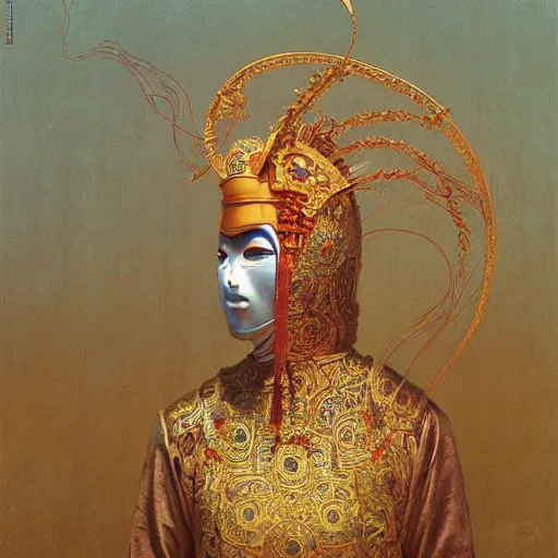 Image similar to portrait of masked Byzantine Tang Dynasty dancer on the art deco streets of the Undying Empire city of ya-Sattra during the Festival of Masks, award-winning realistic sci-fi concept art by Beksinski, Bruegel, Greg Rutkowski, Alphonse Mucha, and Yoshitaka Amano