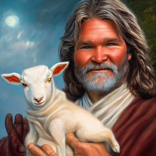 Image similar to a detailed fantasy character painting of Kurt Russell holding a lamb, dressed like Jesus Christ, by lauri blank, artgerm, evelyn de morgan, 8K, 50mm lens