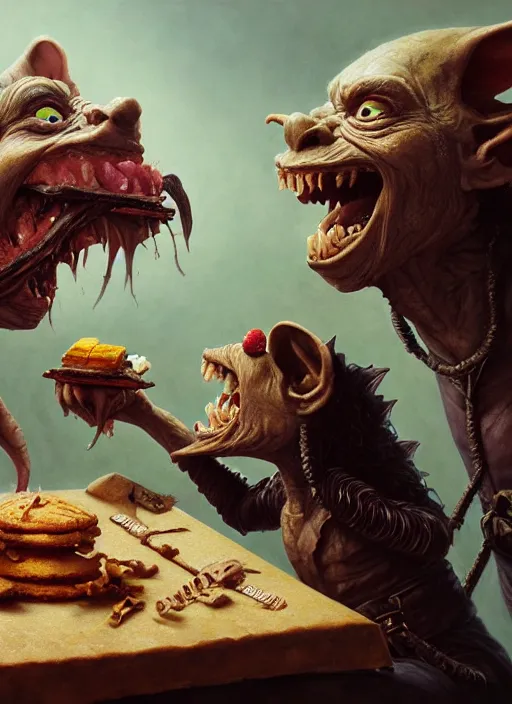 Image similar to highly detailed closeup portrait of a medieval goblin eating cakes, stephen bliss, unreal engine, greg rutkowski, ilya kuvshinov, ross draws, hyung tae and frank frazetta, tom bagshaw, tom whalen, nicoletta ceccoli, mark ryden, earl norem, global illumination, god rays, detailed and intricate environment