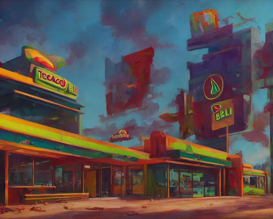Prompt: an achingly beautiful oil painting of a derelict Taco Bell standing alone in the center of a vibrant futuristic Martian city by Raphael and Hopper.