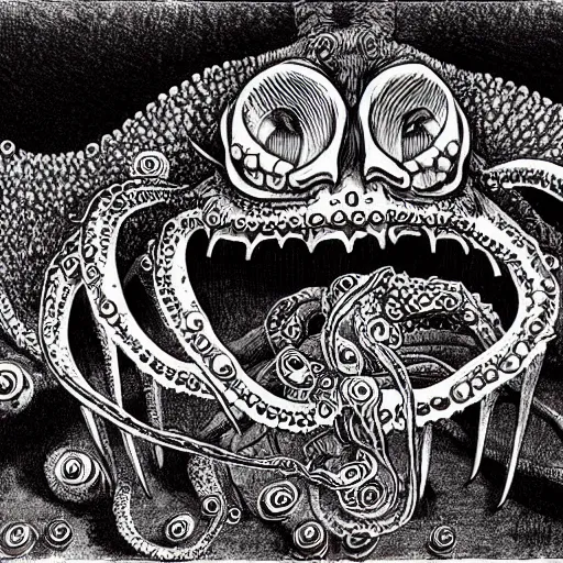 Prompt: a horrifying corgi demon with many eyes and tentacles, detailed manga drawing by junji ito, kentaro miura