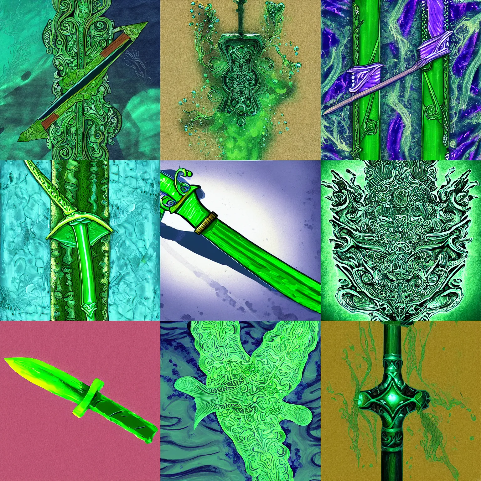 Prompt: an intricate green sword underwater, digital painting