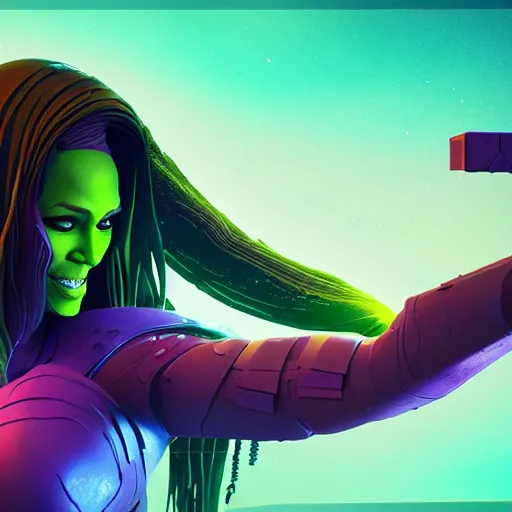 Image similar to gamora (Guardians of the Galaxy) by beeple, Pi-Slices and Kidmograph, beautiful digital illustration