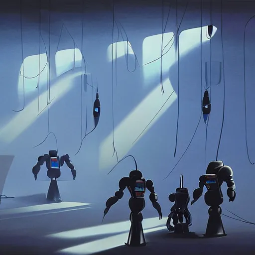 Prompt: digital painting of a ninja robot in a room full of birthday baloons , concept art, by Ralph mcquarrie, sunlight pouring through window, huge scale, high detail, futuristic, godrays, volumetric lighting, warm lighting