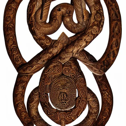 Image similar to jormungandr, ouroboros, elaborate wooden carving, runic texturework, ornate detail, rich woodgrain, laquer varnish