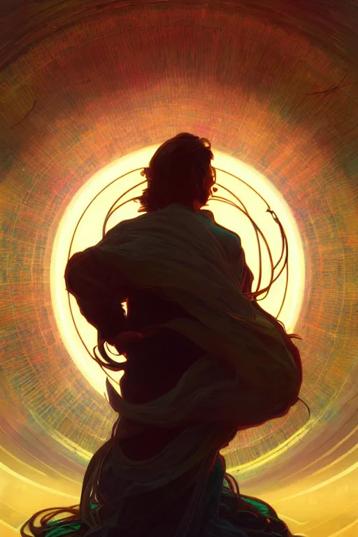 Image similar to alan watts floating in the universe full body painting highly detailed dramatic lens lighting by artgerm and greg rutkowski and alphonse mucha and simon stalenhag artstation