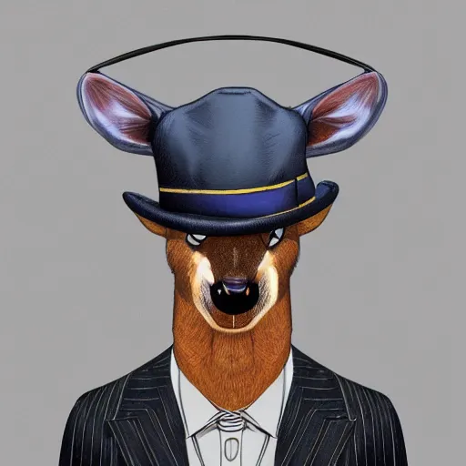 Image similar to a upper body portrait of a deer lord in a pinstriped suit and pants wearing a monocle and a fedora, intricate detail, digital art, trending on artstation