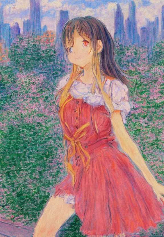 Image similar to wide angle portrait of a teenage girl, a thrifty outfit, very anime in impressionist style, city background, anime trending artwork, anime painter studio, by claude monet