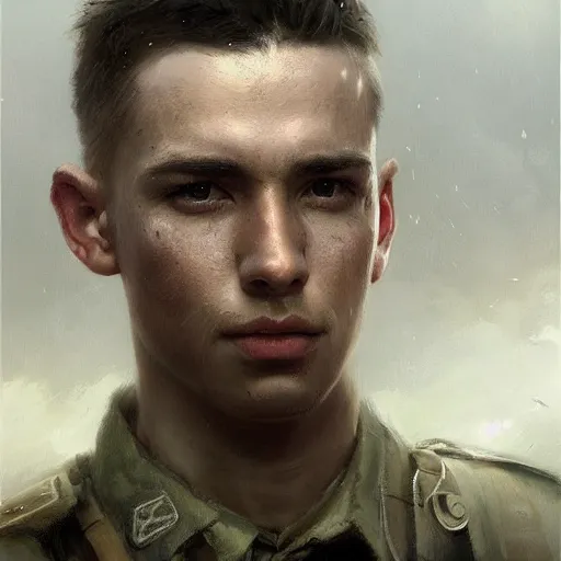 Prompt: a dramatic epic ethereal portrait of a WWII soldier, young male, detailed face, cinematic lighting, highly detailed oil on canvas painting by Greg Rutkowski, winning-award digital art trending on Artstation H 1024 W 832