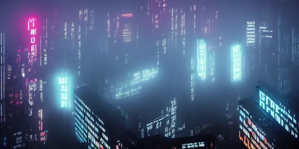 Prompt: giant illuminated advert screens, eerie fog, megacity streets seen from above, neon signs, blade runner, ex machina