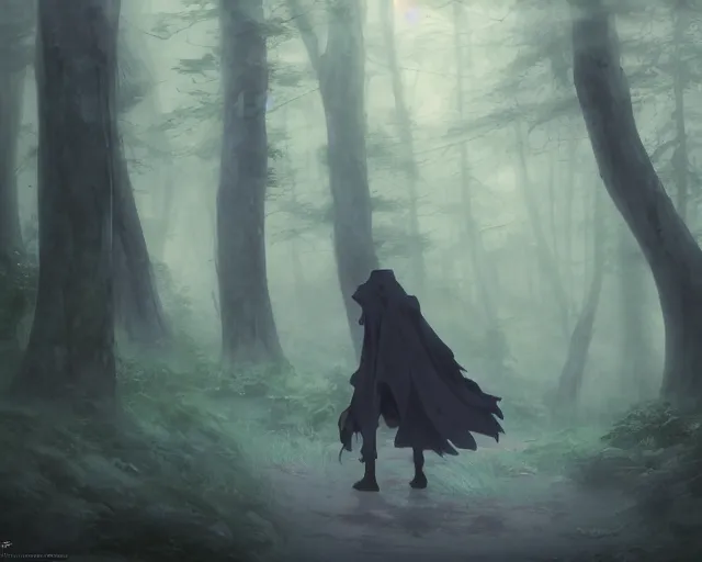 Image similar to a cloaked adventurer in foggy, ghostly woods. Dangerous, foggy, cloudy, mysterious, ominous, threatening, adventurous, ghostly. By Makoto Shinkai, Stanley Artgerm Lau, WLOP, Rossdraws, James Jean, Andrei Riabovitchev, Marc Simonetti, krenz cushart, Sakimichan, trending on ArtStation, digital art.