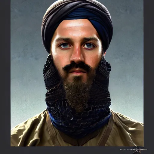 Image similar to Ter Stegen as Osama Bin Laden, Barcelona and Germany goalkeeper, D&D, fantasy, intricate, elegant, highly detailed, digital painting, artstation, concept art, matte, sharp focus, illustration, art by Artgerm and Greg Rutkowski and Alphonse Mucha