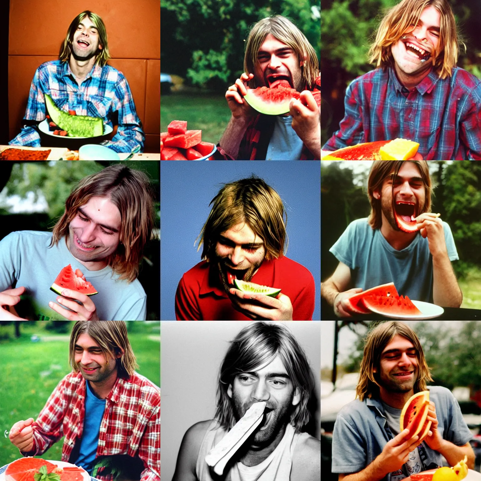 Prompt: a photograph of happy kurt cobain eating watermelon