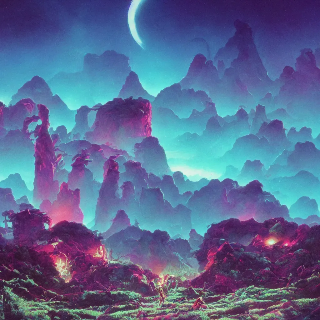 Image similar to 80s landscape photo, ET, goonies, retrowave, synthwave