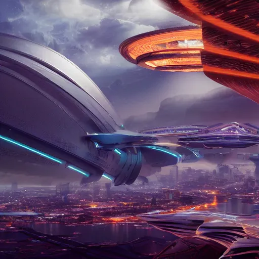 Image similar to The futuristic sci-fi city has extremely tal buildings, a giant spaceship is floating over the city, the background has a detailed heavenly lit exterior with iridescent light, matte painting, concept art, dramatic lighting, golden hour, 4k, 8k, trending on Artstation, realistic