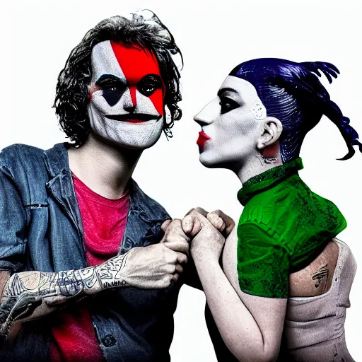 Image similar to mimmo rottela and banksy as joaquin phoenix skinny joker holding hand lady gaga harley queen, photorealistic, intricate details, pop art style, concept art, details object, random object movement, 3 colors, 4 k, 4 d, smooth, sharp focus