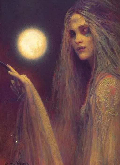 Prompt: surrealism, abstract, witch, portrait, close - up, make up, full big moon, painting by gaston bussiere, soft light