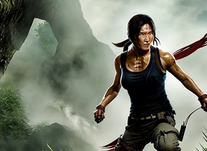 Image similar to film still of!!!! jackie chan jackie chan jackie chan!!! as lara croft in new tomb raider movie, 8 k