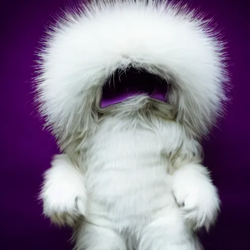 Image similar to A photo of a white fur monster standing in a purple room