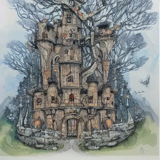 Image similar to james jean watercolor of a haunted castle in the woods, set an the end of a winding road