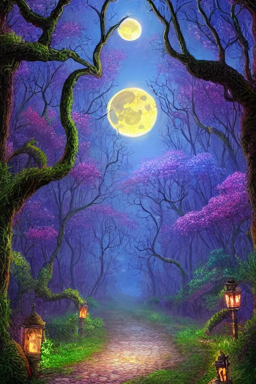 Image similar to a beautiful digital illustration painting of a detailed gothic fantasy fireflies forest trees and iron gate cobblestone pathway vines full moon by lisa frank, james gurney, 8 k resolution trending on artstation concept art digital illustration