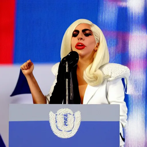 Image similar to Lady Gaga as president, Argentina presidential rally, Argentine flags behind, bokeh, giving a speech, detailed face, Argentina