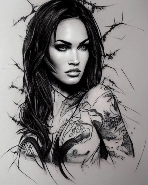 Image similar to tattoo sketch of megan fox face mash up with beautiful mountains, in the style of dan mountford, double exposure, hyper realistic, amazing detail, black and white