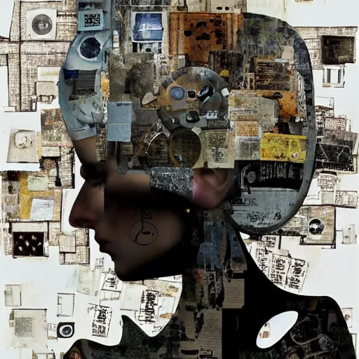 Image similar to a robot with a memory that survives the reset of the world, and a small robot bird on her shoulder, collage artwork by dave mckean and yoshitaka amano