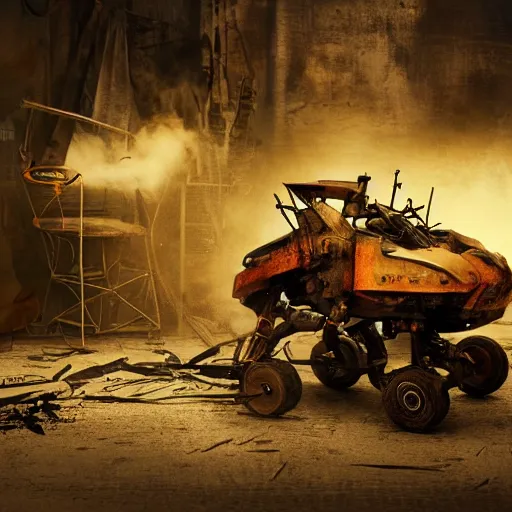 Image similar to wheelbarrow mecha, dark messy smoke - filled cluttered workshop, dark, dramatic lighting, orange tint, sparks, cinematic, highly detailed, sci - fi, futuristic, movie still